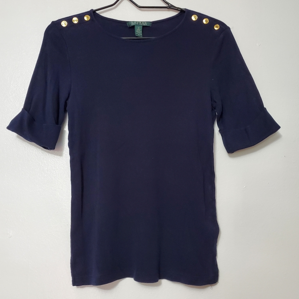 Womens Shirt Small Button Shoulder Elbow Sleeve Crew Neck Ralph Lauren